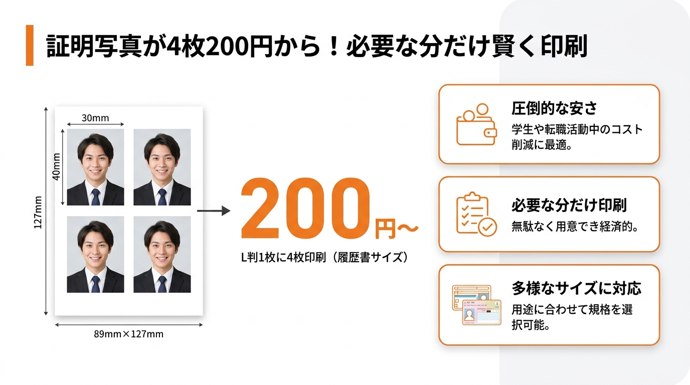 証明写真が4枚200円からで必要な分だけ印刷できる