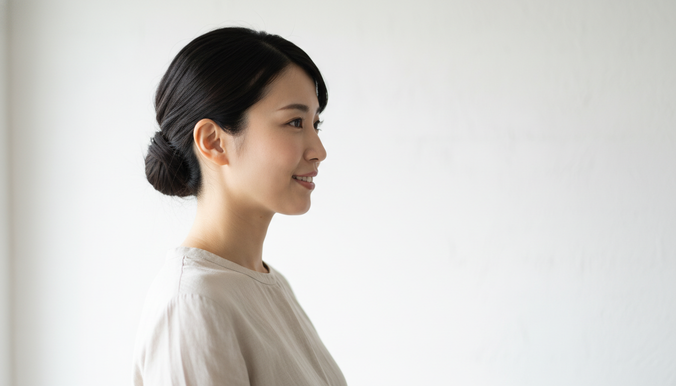 髪型は顔の輪郭がはっきり見えるようにまとめる