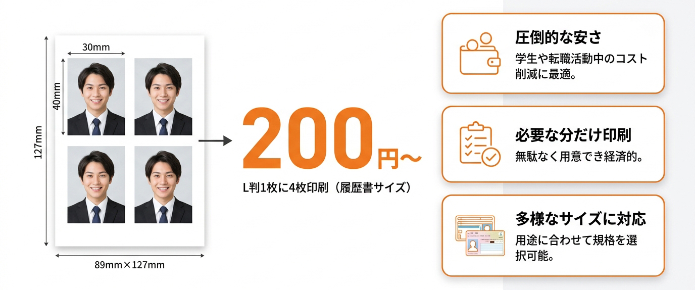 証明写真が4枚200円からで必要な分だけ印刷できる